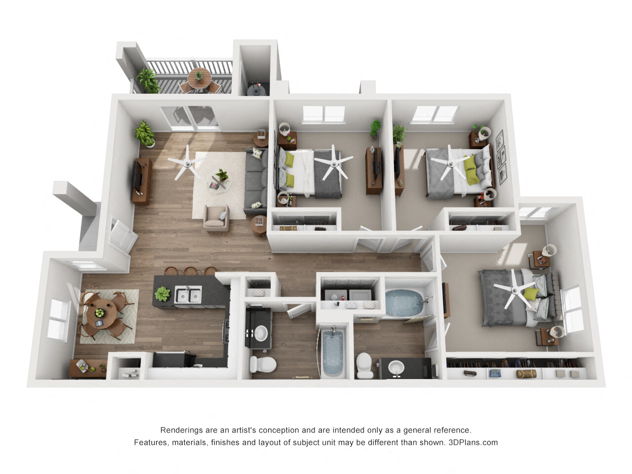 Floor plan for 3 beds, 2 baths, 1315 sqft
